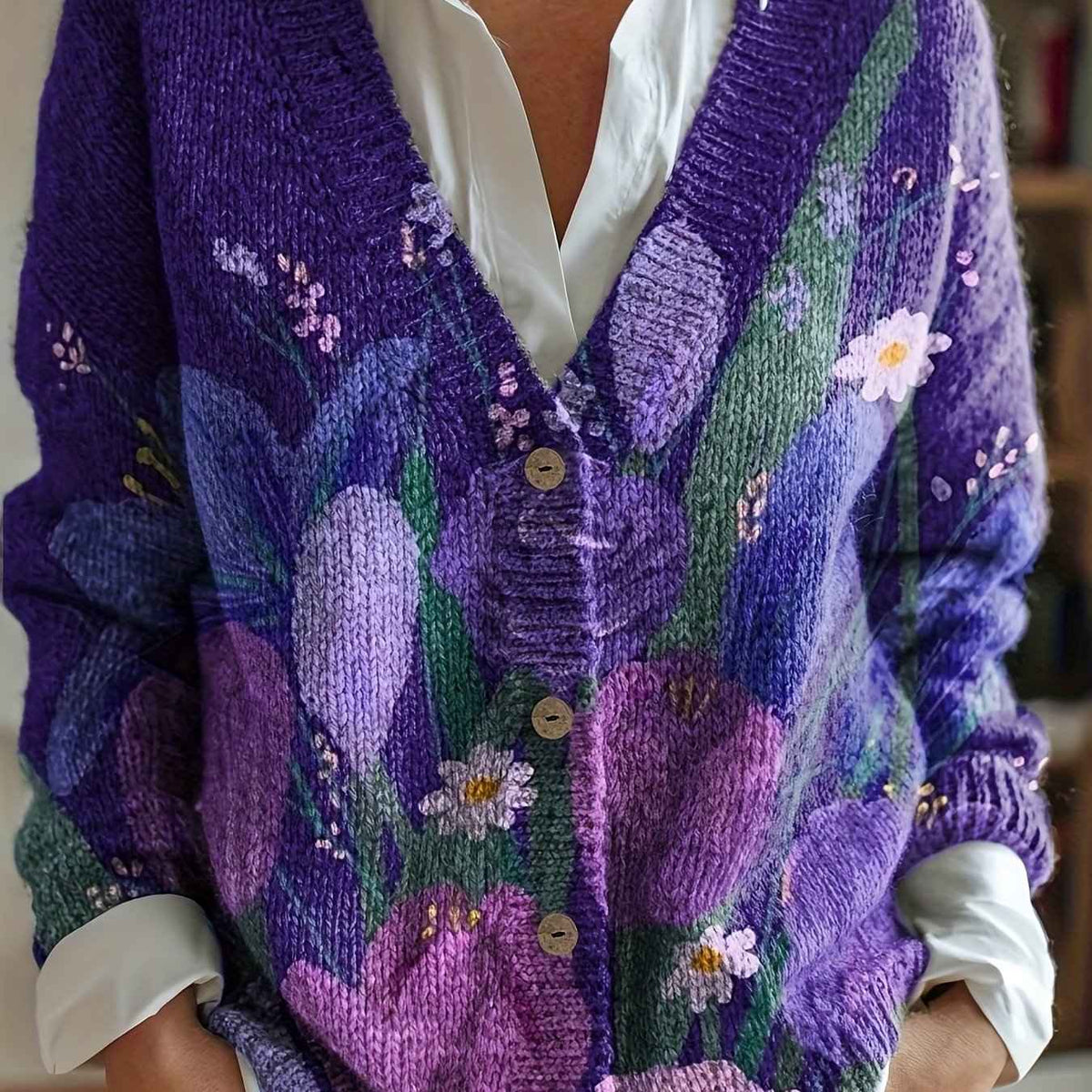 Plus Size - Plus Size - Plus Size - Plus Size - Plus Size, Women'S Elegant V-Neck Cardigan with Vibrant Floral Print - Button-Up Sweater for Fall/Winter, Long Sleeve, All-Over Pattern, Cozy Fall Wear | Vibrant Floral Print |