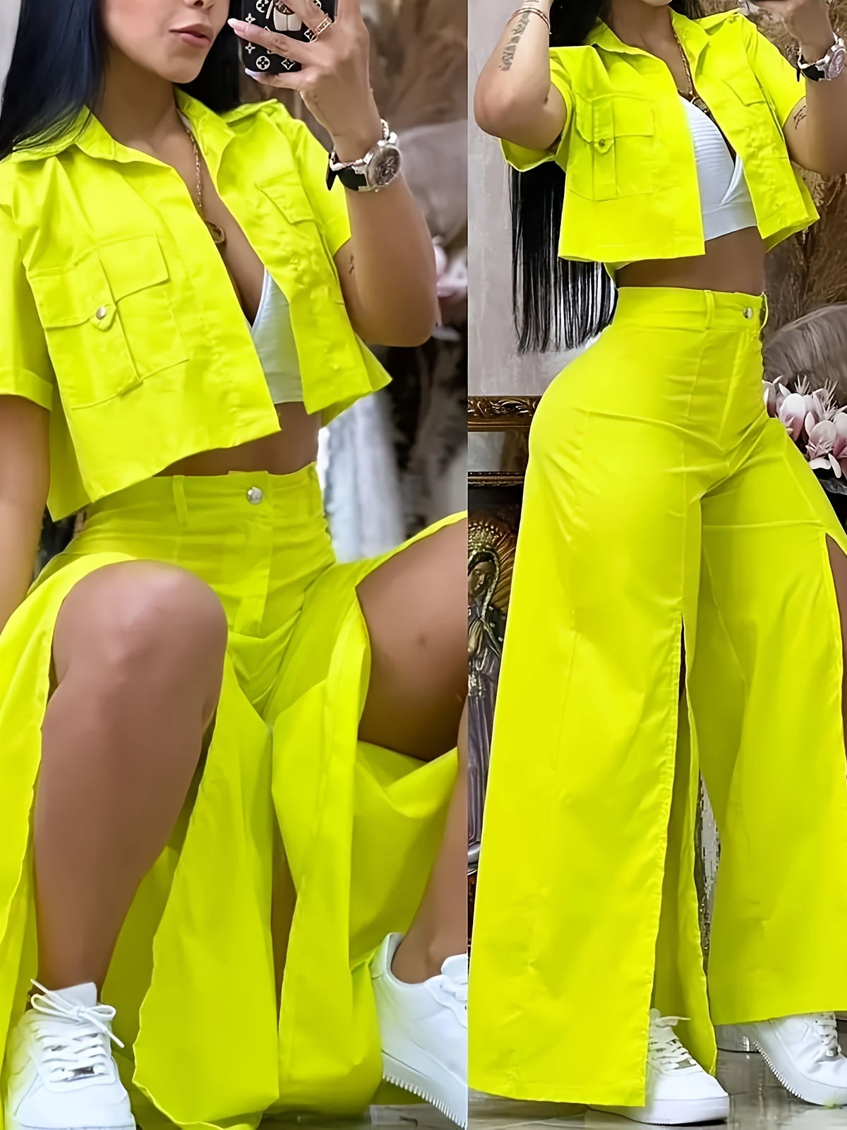 Women's Vibrant Yellow Casual Two-Piece Set: Short Sleeve Button-Up Shirt & High-Waist Wide-Leg Pants with Thigh-High Slit - Polyester, Machine Washable SS69