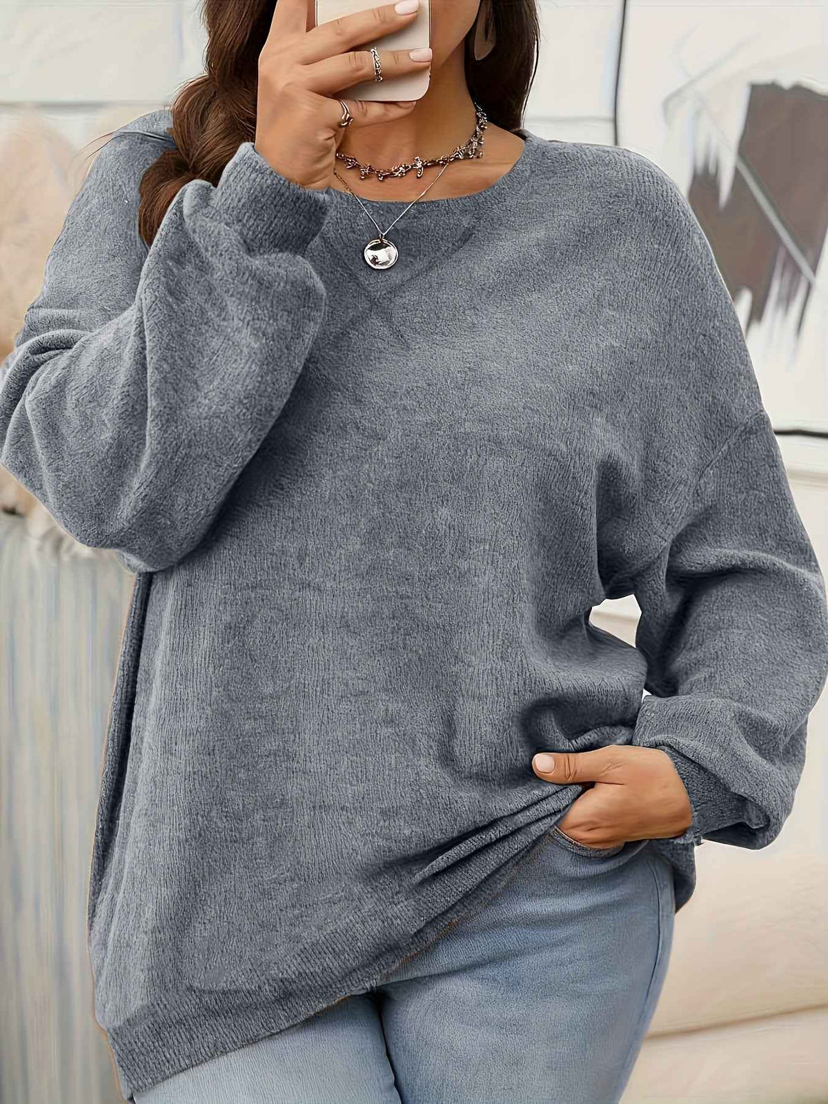 Plus Size - Women'S Solid Color Crew Neck Sweater | Casual Style, Medium Stretch Fabric, Ideal for Fall/Winter