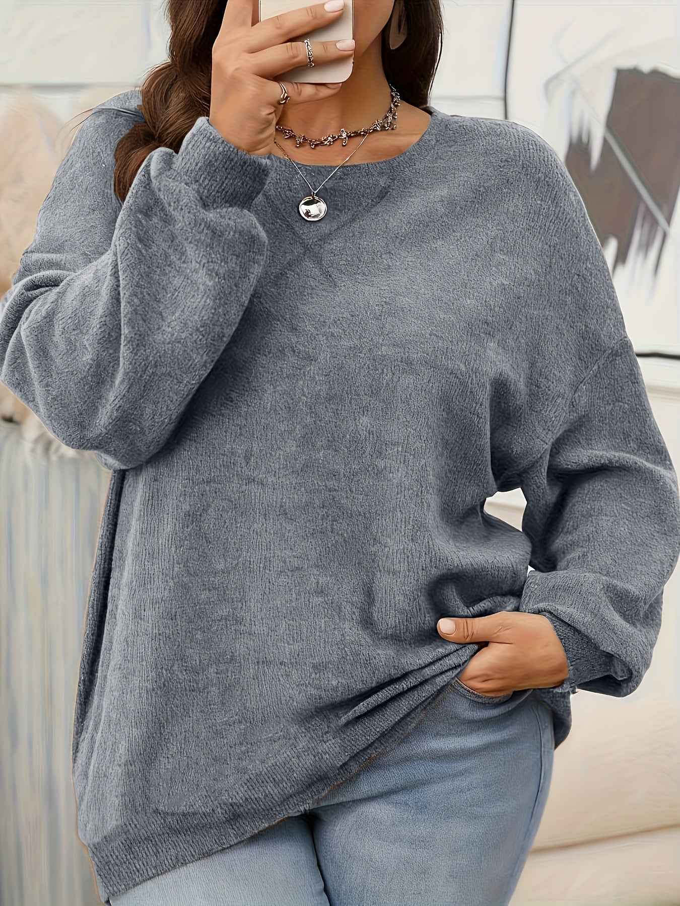 Plus Size - Women'S Solid Color Crew Neck Sweater | Casual Style, Medium Stretch Fabric, Ideal for Fall/Winter