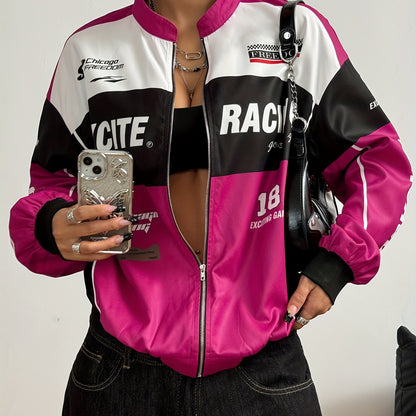 Women'S Vintage-Inspired Letter Print Bomber Jacket - Long Sleeve Zip-Up with Stand Collar, Lightweight Polyester, Black & White Design, Casual Chic for All Seasons SS69 23.69 Rose Red / XL