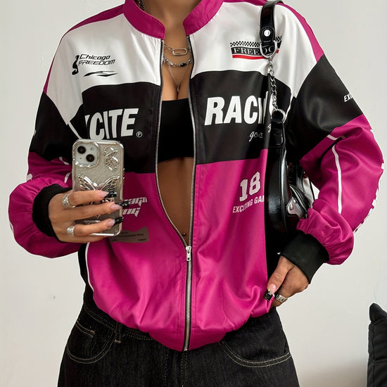 Women'S Vintage-Inspired Letter Print Bomber Jacket - Long Sleeve Zip-Up with Stand Collar, Lightweight Polyester, Black & White Design, Casual Chic for All Seasons SS69 23.69 Rose Red / XL