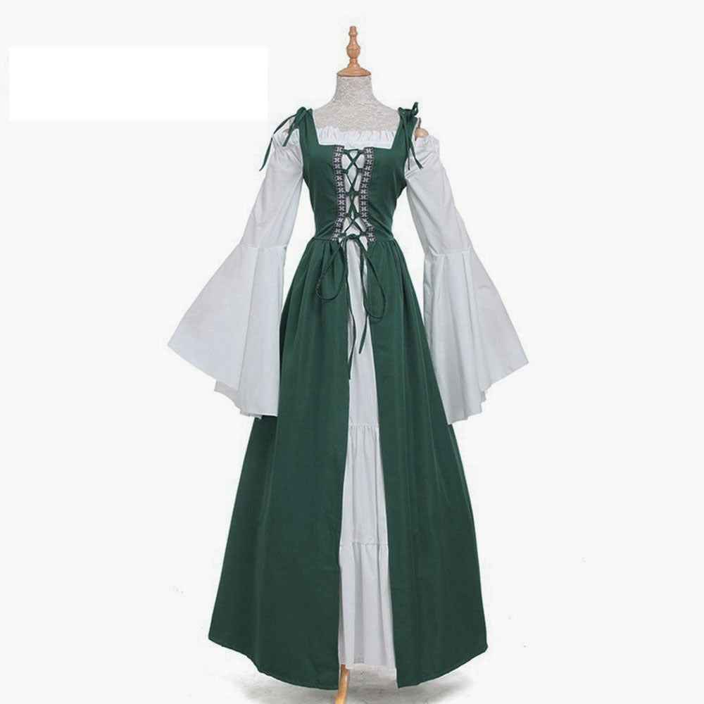[Elegant Medieval Costume] Elegant Women's Medieval Two-Piece Costume - Renaissance Drama Outfit with Corset-like Bodice & Long Flowing Skirt | Halloween, Renaissance Faire, Themed Parties | Burgundy/White, Black/White, Green