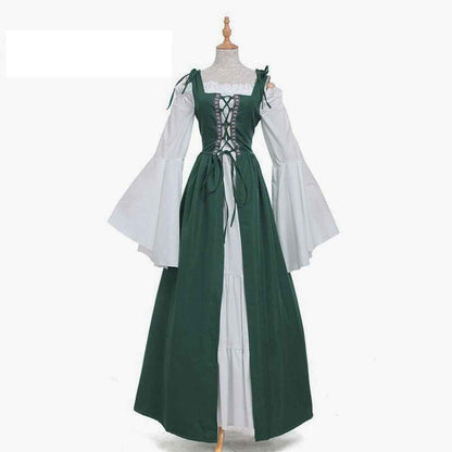 [Elegant Medieval Costume] Elegant Women's Medieval Two-Piece Costume - Renaissance Drama Outfit with Corset-like Bodice & Long Flowing Skirt | Halloween, Renaissance Faire, Themed Parties | Burgundy/White, Black/White, Green