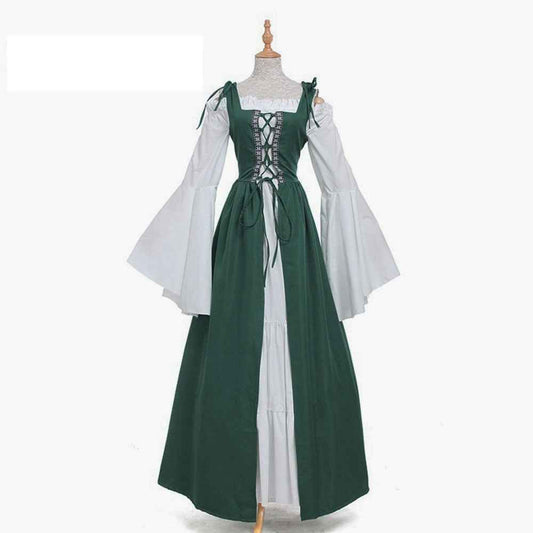 [Elegant Medieval Costume] Elegant Women's Medieval Two-Piece Costume - Renaissance Drama Outfit with Corset-like Bodice & Long Flowing Skirt | Halloween, Renaissance Faire, Themed Parties | Burgundy/White, Black/White, Green