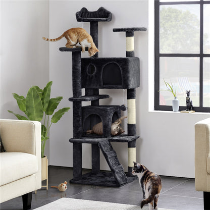 Costoffs Cat Tree 54in/70in/62in/80in/23.5in Cat Tower Condo with 2 Condos & 2 Dangling Balls & 3 Scratching Posts Large Cat House for for Kittens & Cats, Dark Gray/Light Gray/Beige/Black/Pink/Brown/Navy Blue/Green, Brown/W SS69 67.69 Black / 62in