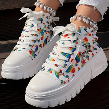 Heart Print Double Zipper Design Lace-up Sneakers SS69