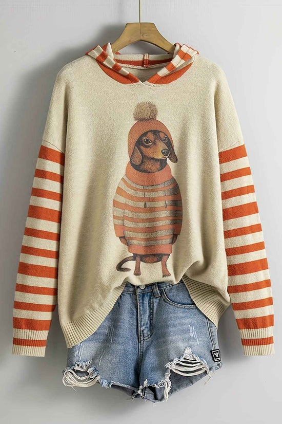 [Cute Sweater] Cute Dachshund Dog Plus Size Women's Casual Round Neck Long Sleeve Sweater | 3D Digital Print, Navy Blue, Cozy Fall Winter Top, Dog Sweater, Winter Comfort Clothing, Texture