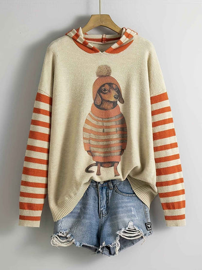 [Cute Sweater] Cute Dachshund Dog Plus Size Women's Casual Round Neck Long Sleeve Sweater | 3D Digital Print, Navy Blue, Cozy Fall Winter Top, Dog Sweater, Winter Comfort Clothing, Texture