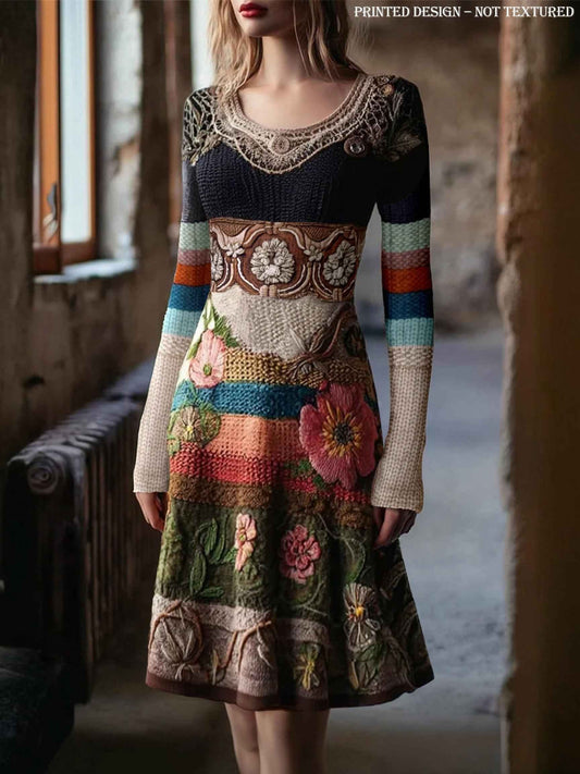 Women'S Retro Bohemian Floral Crochet Colorful Striped Comfortable Sweater Dress | Crew Neck, Vintage Style, Peplum Design