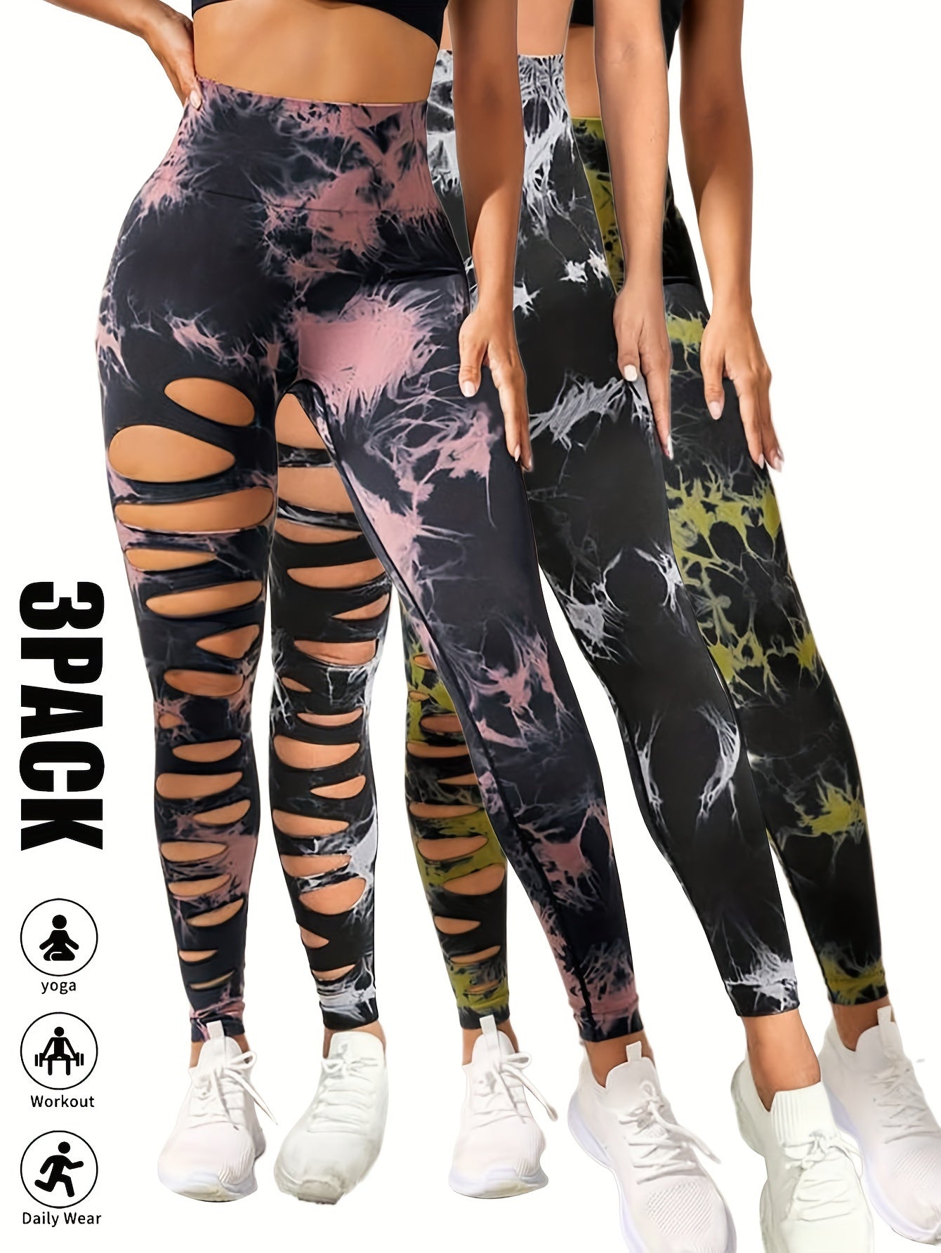 3 Pack High Waist Tie Dye Cutout Yoga Leggings - Scrunch Butt Lifting, Tummy Control, Elastic Workout Pants for Women SS69