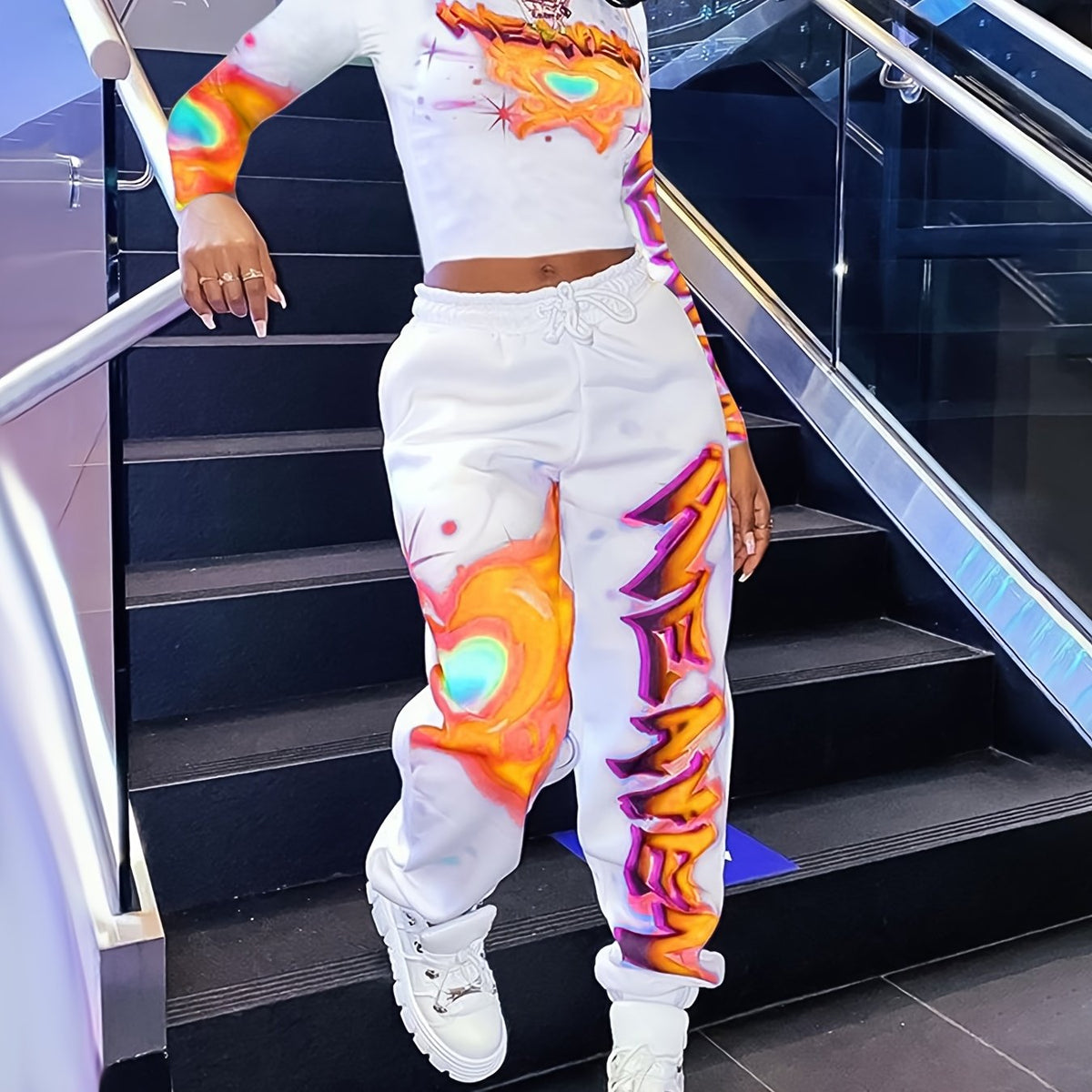 [Vibrant Y2K-Inspired Activewear Set] Vibrant Y2K-Inspired Heart & Letter Print Activewear Set - Long Sleeve Crop Top & Drawstring Joggers, Polyester/Spandex Blend, Perfect for Daily Fitness & Outdoor Fashion - SS69