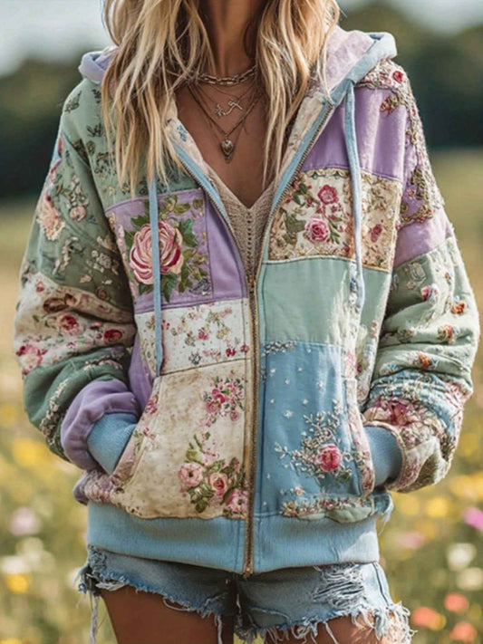Plus Size, Women's Plus Size Vintage Bohemian Floral & plant print Hooded Jacket/Sweatshirt - Elegant Loose Fit Oversized Coat with Full-Length Zipper, H-Line Silhouette for Fall Winter Spring, Machine Washable for easy care