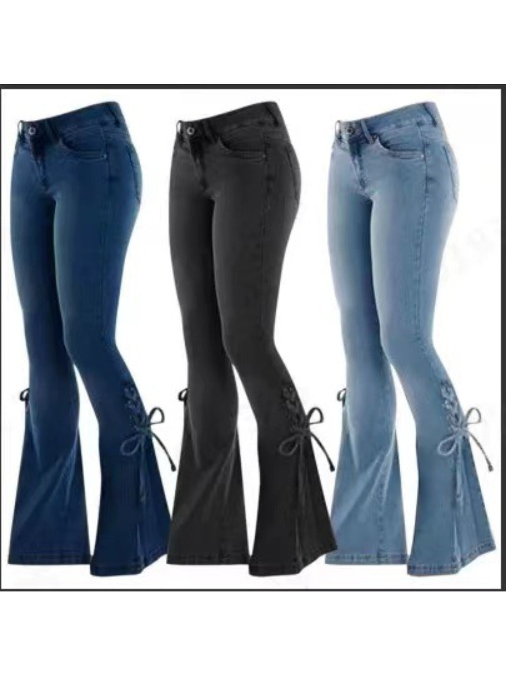 Women'S 100% High-Stretch Mid-Rise Slim Flared Jeans with Tie-Front Detail - SS69 
