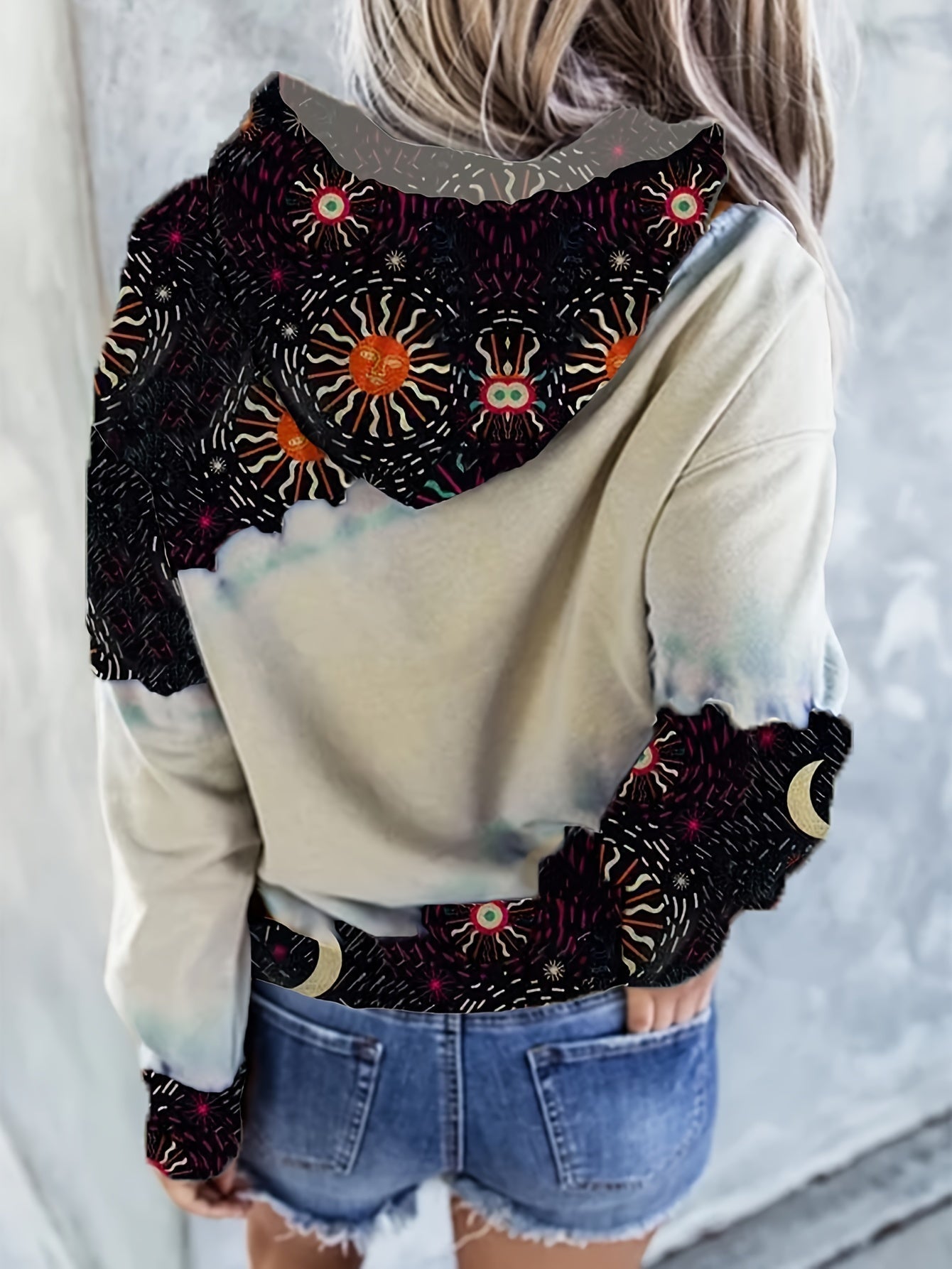 Casual Long Sleeve Moon & Tree Print Drawstring Hoodie - Kangaroo Pocket Sweatshirt for Women SS69