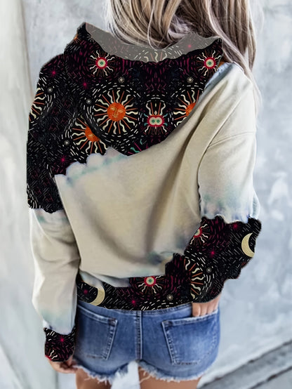 Casual Long Sleeve Moon & Tree Print Drawstring Hoodie - Kangaroo Pocket Sweatshirt for Women SS69