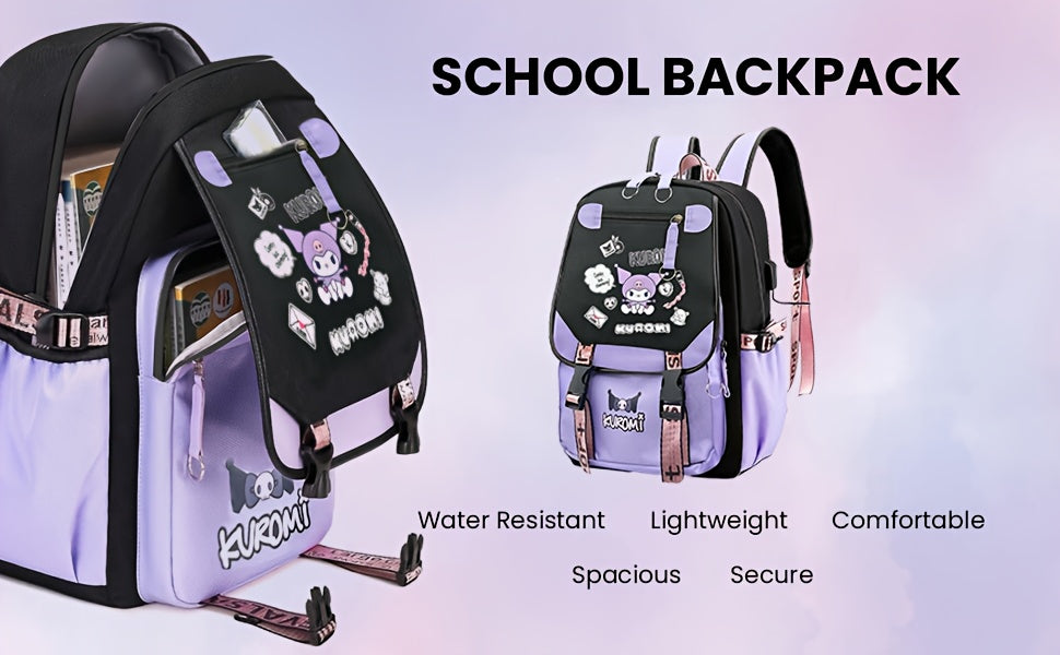 [Sanrio Licensed]Cute for kuromi School Bag for kuromi Backpack Suitable For Boys And Girls, Equipped With A USB Port, Comes Ultra-lightweight Outdoor Camping And Hiking Gear, Essential For Travel, Gift For Back To School Bac SS69