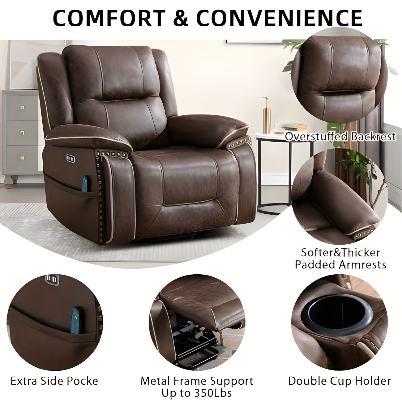 Dual Motor Large Power Lift Recliner Chairs with Massage And Heat for Big People, Electric Faux Leather Recliner with Adjustable Headrest, 2 Concealed Cup Holders, USB Ports, Home Comfort Chair, Elderly Seating, Modern Reclin SS69
