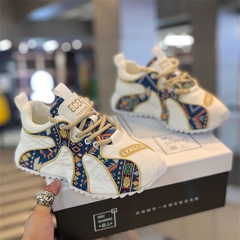 Men's Colorful Geometric Print Chunky Sneakers - Stylish Athletic & Casual Shoes with Thick PVC Sole, Breathable Fabric Lining, and Durable PU Upper for All-Day Comfort SS69 42.69 Peacock Blue / US 9