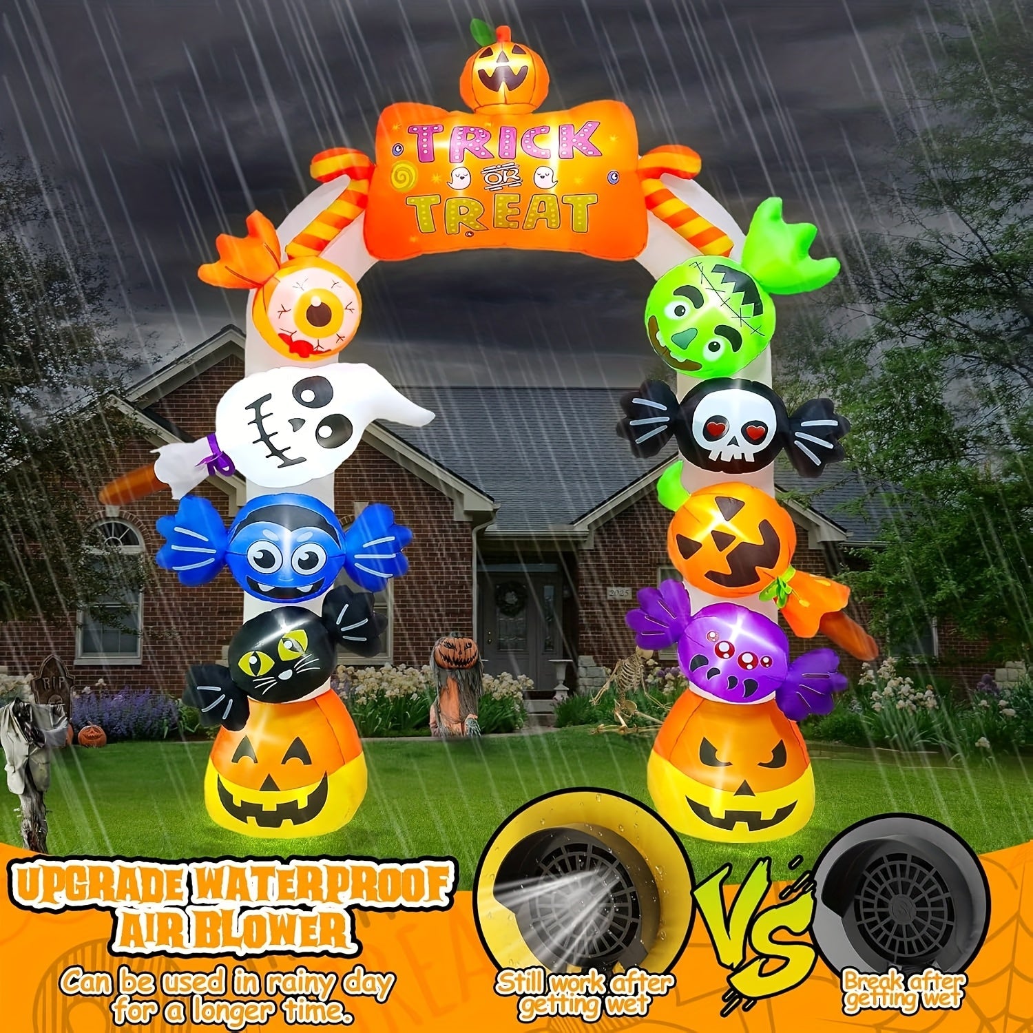 Kalolary 10ft Halloween Inflatable Archway with Candy, Pumpkins, Bats & Skulls - LED-Lit Spooky Yard Decor, High Quality Polyester, Built-in Blower, Stakes & Ropes for Indoor/Outdoor Garden, Lawn, Patio SS69