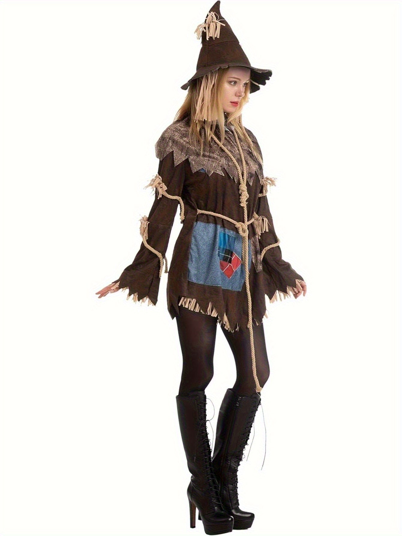 Women's Scary Scarecrow Costume with Hat & Dress - Complete Halloween Outfit with Straw-like Hair, Fake Drawstring Neck Ruffle Collar & Waist Rope - 100% Polyester Durable Costume for Halloween Parties, Themed Events, Wizard SS69