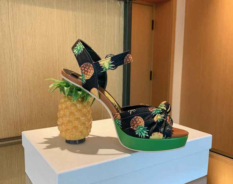 Women's Pineapple Print Platform Sandals - Thick Sole Super High Heels with Ankle Strap Closure, Open-Toe Summer Party Shoes in Pink & Green, Durable Fabric Upper & Rubber Sole for Dressy Occasions, Beachwear, Themed Events -