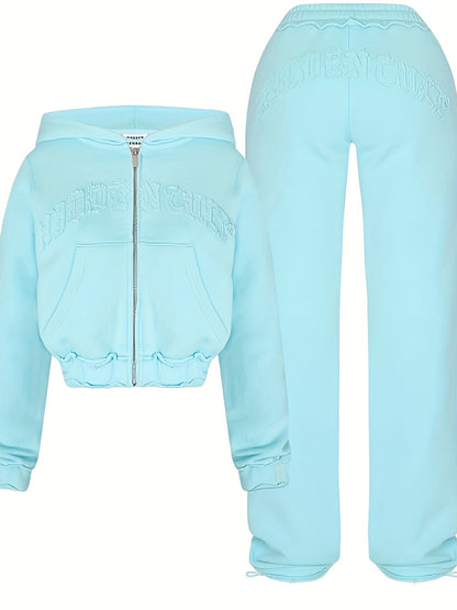 Chic Women's Athletic Set: Full-Zip Hoodie & Slim-Fit Pants - Comfortable, Adjustable, and Stylish with Letter Print Design SS69
