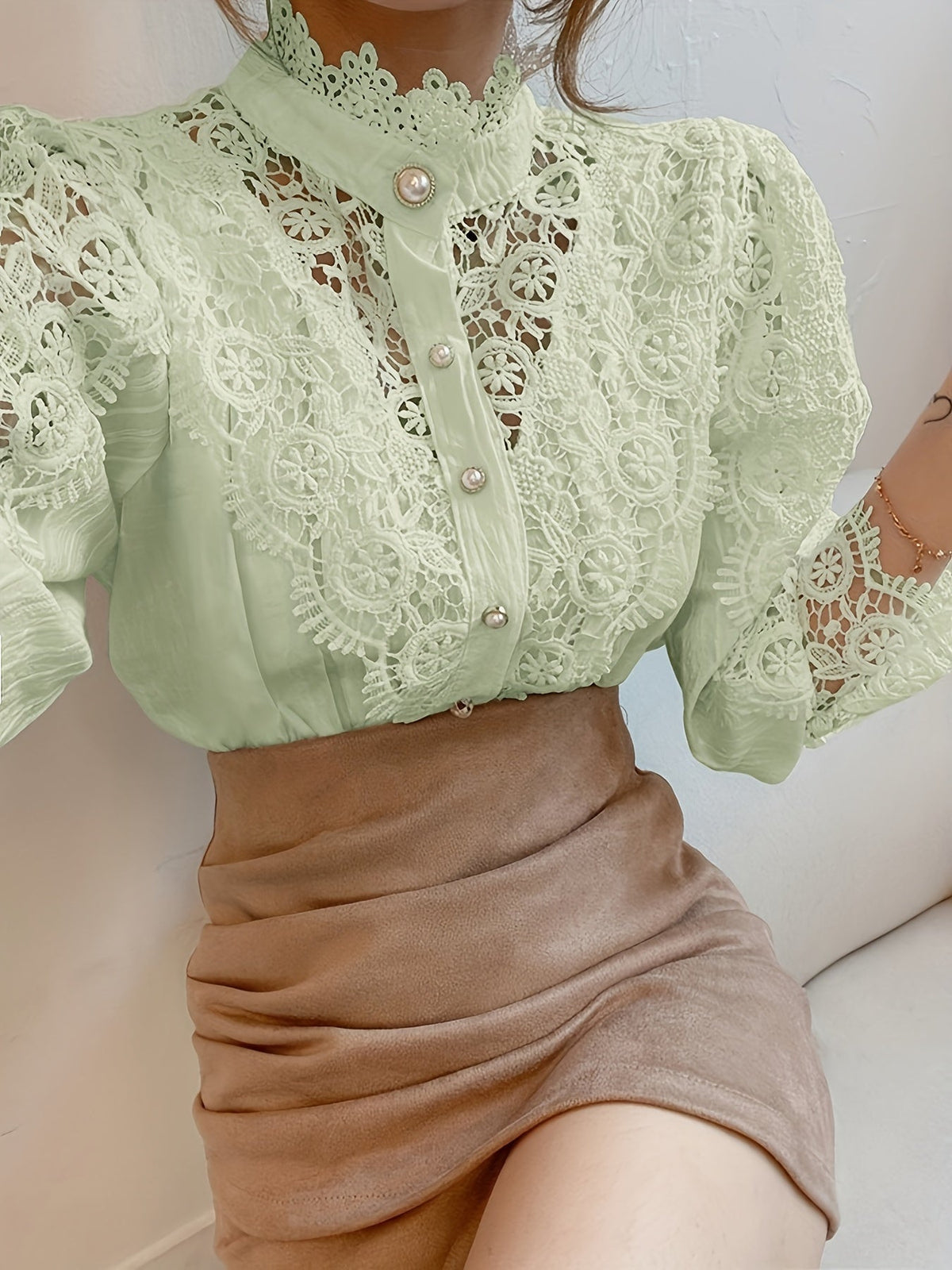 [Pearl Button Blouse] Pearl Button Elegant Victorian-Inspired Lace Blouse - Long Sleeve Mock Neck Green Polyester Pleated Design for Women, Perfect for Halloween Cosplay & Gothic Fashion SS69