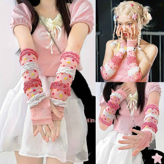 1 Pair Women'S Y2K Kawaii Harajuku Striped Fingerless Gloves - Soft Stretchy Winter Arm Warmers with Decorative Ribbons, & Mosquito Proof, Machine Washable Casual Outfit Accessories, Winter Gloves, Cold Weather Gear, Playful