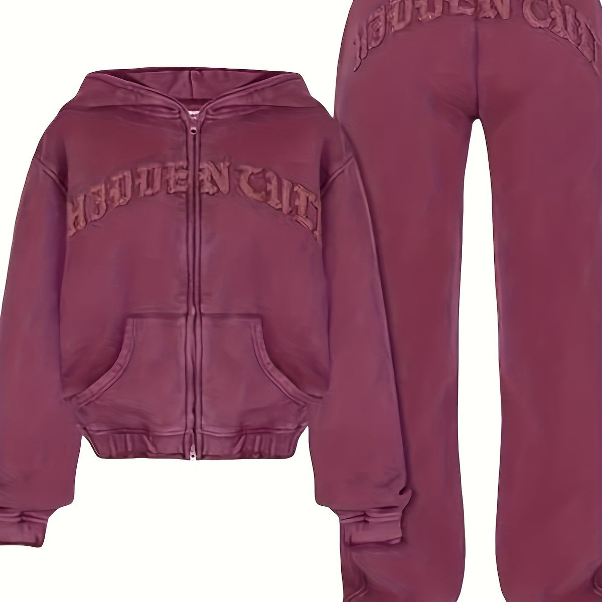 Chic Women's Athletic Set: Full-Zip Hoodie & Slim-Fit Pants - Comfortable, Adjustable, and Stylish with Letter Print Design - SS69