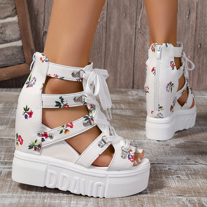 Women's Floral Vintage Sandals, Back Zipper Platform Hollow Lace Up Shoes, Summer Breathable Wedge Holiday Shoes SS69