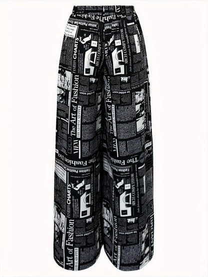 Newspaper Print Wide Leg Pockets Pants, Casual & Versatile High Waist Pants For Spring & Summer, Women's Clothing - SS69