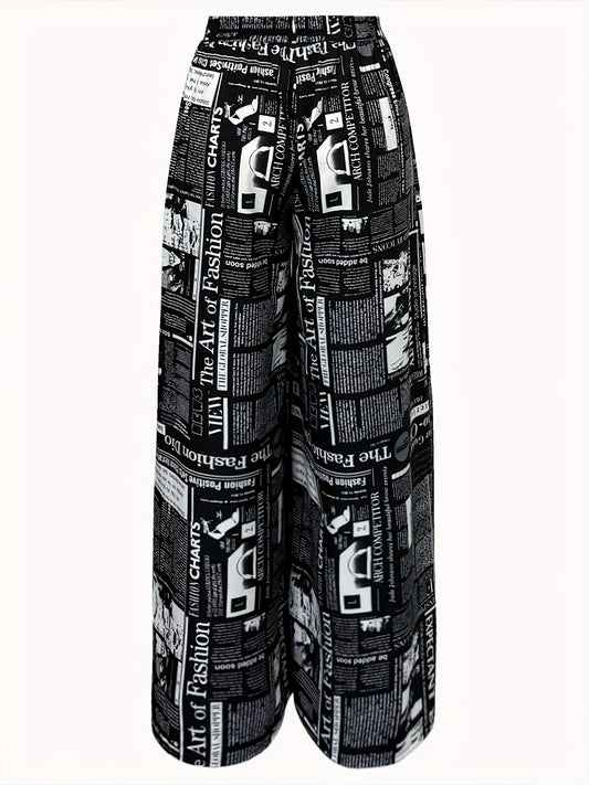 Newspaper Print Wide Leg Pockets Pants, Casual & Versatile High Waist Pants For Spring & Summer, Women's Clothing - SS69