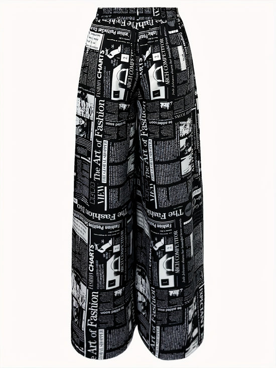 Newspaper Print Wide Leg Pockets Pants, Casual & Versatile High Waist Pants For Spring & Summer, Women's Clothing - SS69