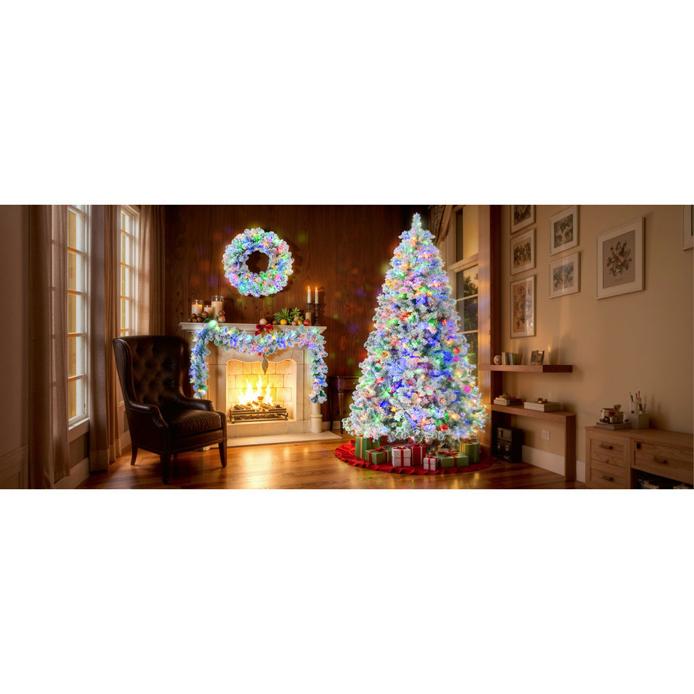 RIDFY 6FT Snow Flocked Christmas Tree, Pre-Lit Set with Tree & Garland & Wreath, Artificial Hinged Xmas Tree with Colorful LED Lights, 8 Lighting Modes, Pine Cones, Holiday Decor for Home SS69