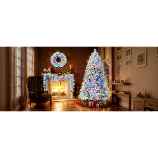 RIDFY 6FT Snow Flocked Christmas Tree, Pre-Lit Set with Tree & Garland & Wreath, Artificial Hinged Xmas Tree with Colorful LED Lights, 8 Lighting Modes, Pine Cones, Holiday Decor for Home SS69