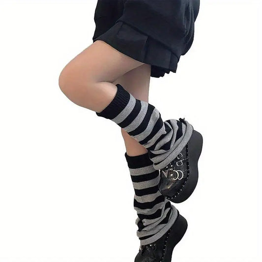 1/4 Pairs Y2K Knitted Flared Leg Warmer Socks, Striped Design, Stretch Fabric, Rolled Hem Knee High Socks For Women For Fall & Winter - SS69