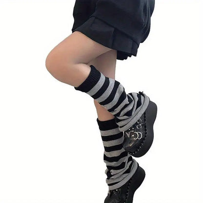 1/4 Pairs Y2K Knitted Flared Leg Warmer Socks, Striped Design, Stretch Fabric, Rolled Hem Knee High Socks For Women For Fall & Winter - SS69