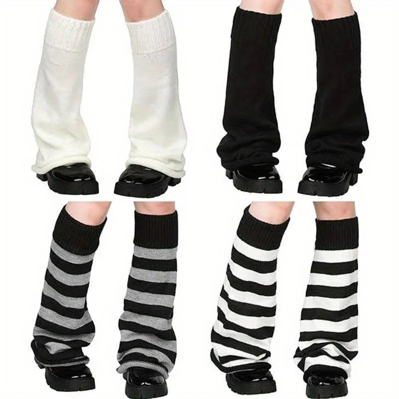 1/4 Pairs Y2K Knitted Flared Leg Warmer Socks, Striped Design, Stretch Fabric, Rolled Hem Knee High Socks For Women For Fall & Winter - SS69