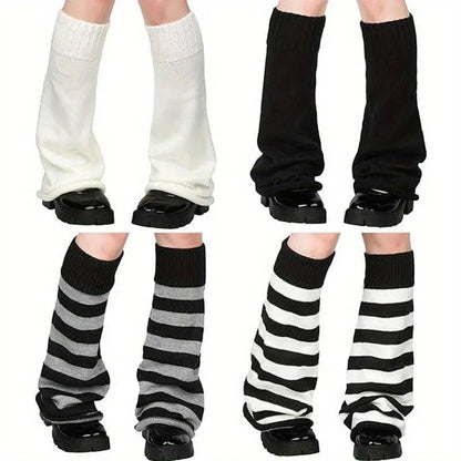 1/4 Pairs Y2K Knitted Flared Leg Warmer Socks, Striped Design, Stretch Fabric, Rolled Hem Knee High Socks For Women For Fall & Winter - SS69