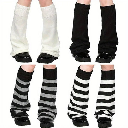 1/4 Pairs Y2K Knitted Flared Leg Warmer Socks, Striped Design, Stretch Fabric, Rolled Hem Knee High Socks For Women For Fall & Winter - SS69