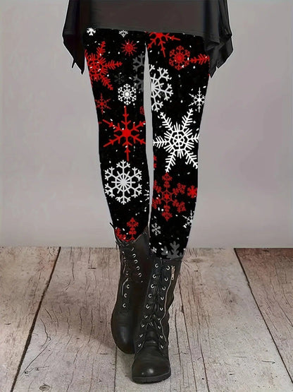 1 Pair Festive Holiday Printed Leggings for Women, Stretchy Polyester Christmas Snowflake Pattern, All-Season Adult Tights SS69