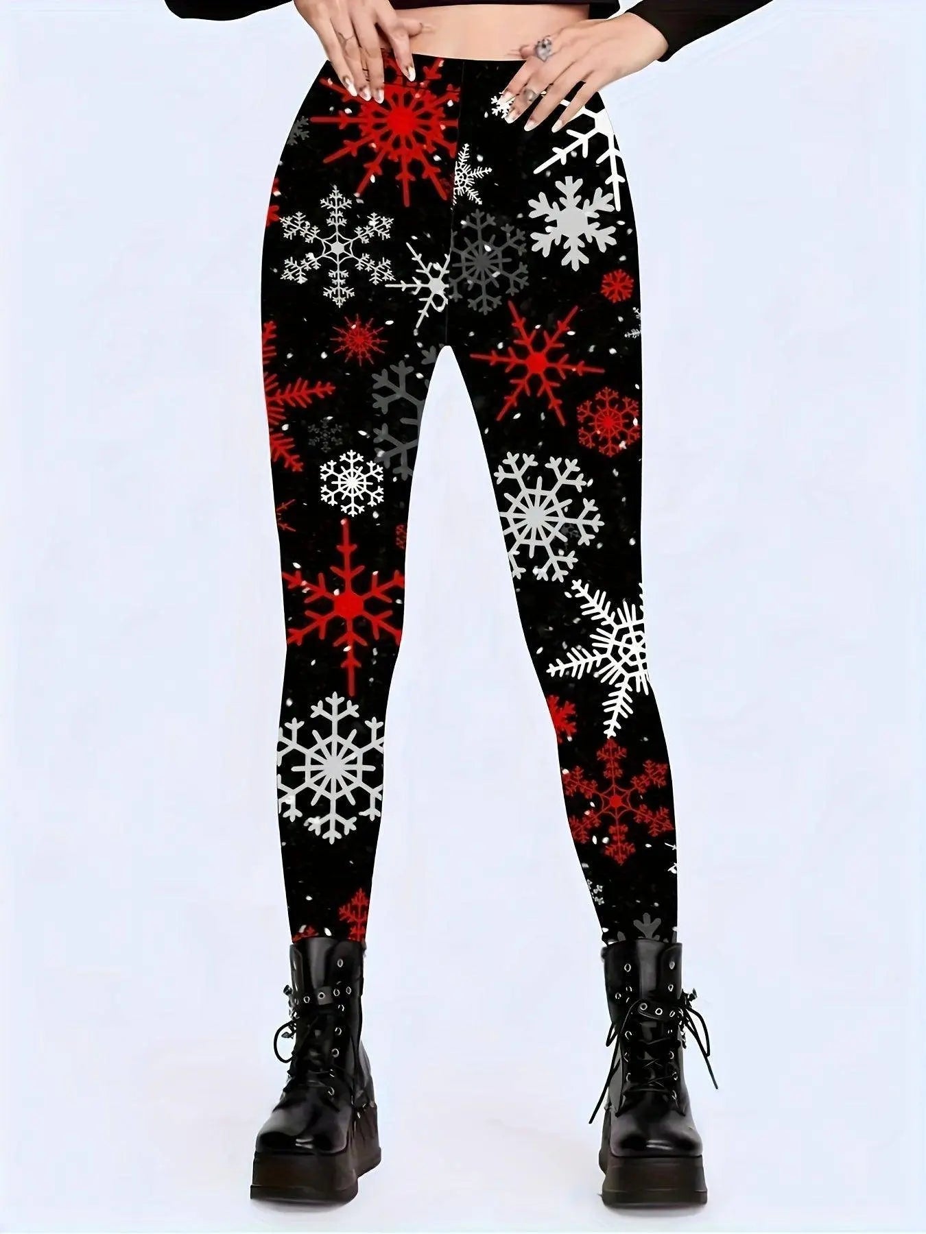 1 Pair Festive Holiday Printed Leggings for Women, Stretchy Polyester Christmas Snowflake Pattern, All-Season Adult Tights SS69