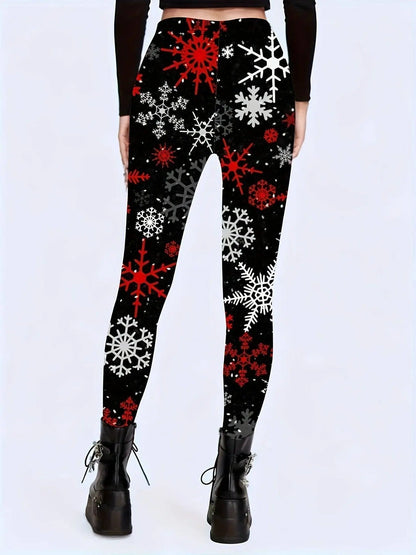 1 Pair Festive Holiday Printed Leggings for Women, Stretchy Polyester Christmas Snowflake Pattern, All-Season Adult Tights SS69