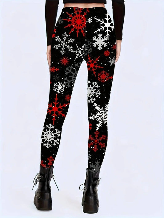 1 Pair Festive Holiday Printed Leggings for Women, Stretchy Polyester Christmas Snowflake Pattern, All-Season Adult Tights SS69