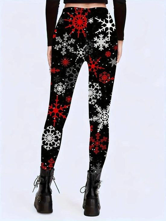 1 Pair Festive Holiday Printed Leggings for Women, Stretchy Polyester Christmas Snowflake Pattern, All-Season Adult Tights SS69
