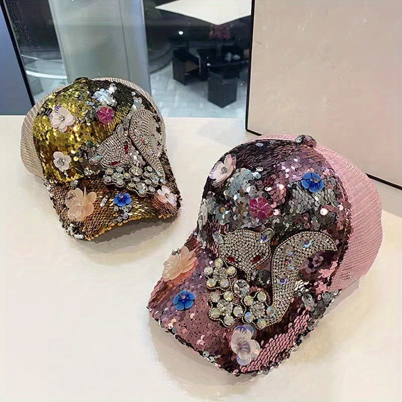 [Anime Baseball Cap] Anime Theme Women's Fashion Baseball Cap - Breathable Mesh, Adjustable Fit, Rhinestones and Floral Embellishments, Hot-stamping Craftsmanship, Sparkling Sequin Duckbill Hat, Carnival/Mardi Gras/Masquerade SS69