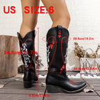 Vintage Style Comfortable Chic Women's Embroidered Western Cowboy Boots - Square Toe, Chunky Heel, Slip-On, Faux Cover for All Seasons SS69