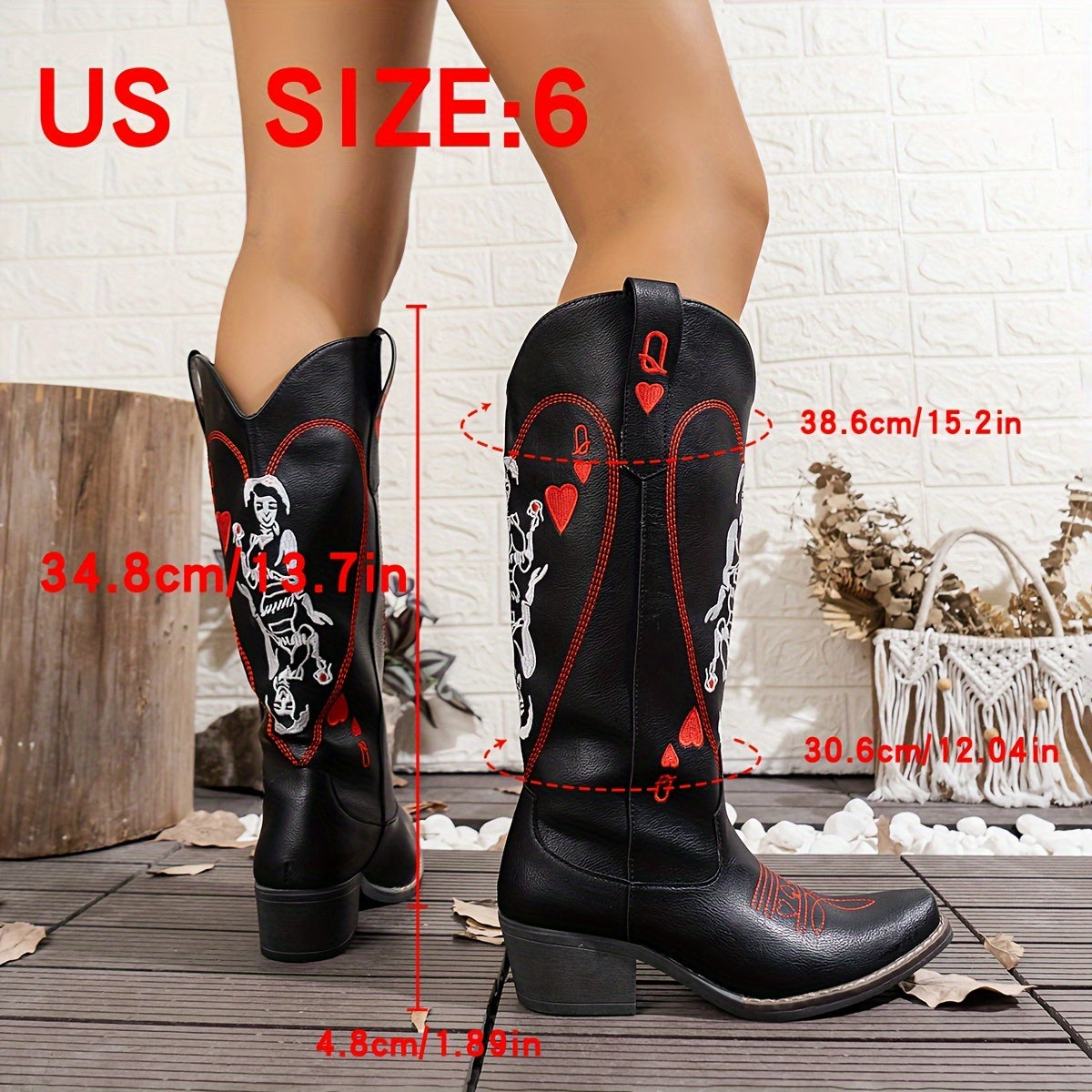 Vintage Style Comfortable Chic Women's Embroidered Western Cowboy Boots - Square Toe, Chunky Heel, Slip-On, Faux Cover for All Seasons SS69