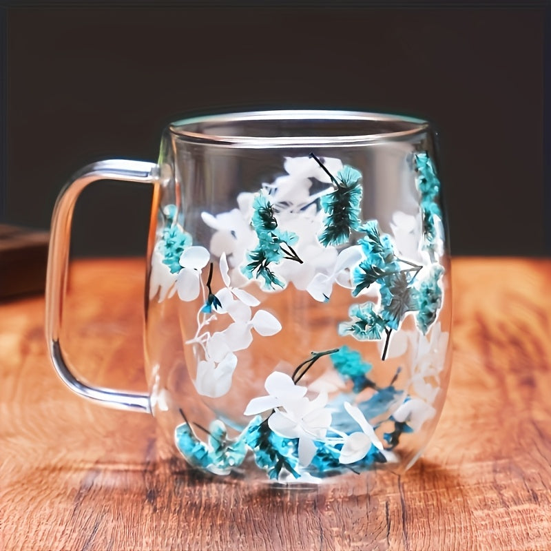 1pc Innovative Double Glass with Real Dry Flowers-High Borosilicate Glass, Suitable for Coffee and Tea-Ideal for Home, Office or Bar Use. SS69 12.69 Blue Enchantress / 13.19oz/390ml